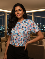 AQUA BLOOM Crop Tee | Fresh Floral Aesthetic with Effortless Comfort